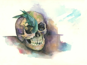 Looking For Left Overs Bird Skull Watercolor Painting